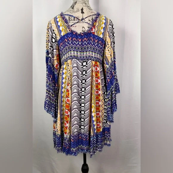 Freeway Vibrant Blue Bohemian Maximalist Fun Flutter Sleeve Tunic Dress size M - Picture 5 of 11